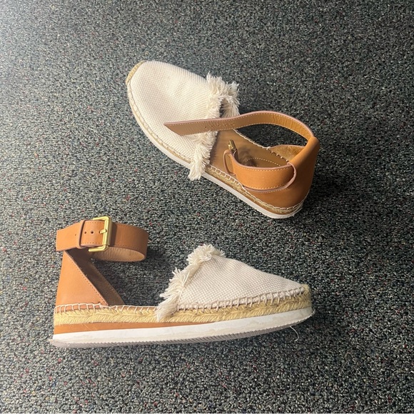 SEE BY CHLOE Tan Glyn Espadrilles Leather Flat Neutral Flats Shoes Gold Buckle 8 - Picture 10 of 16